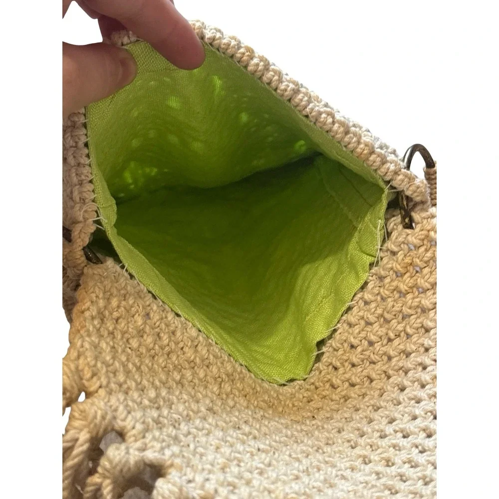 Vintage Macrame Fringe Crossbody Bag Cream Boho Woven Festival Purse Small